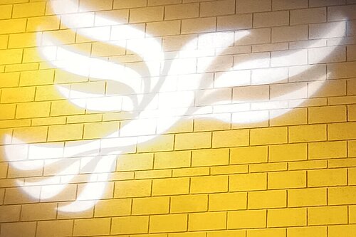 Lib Dem logo bird projected on blockwork