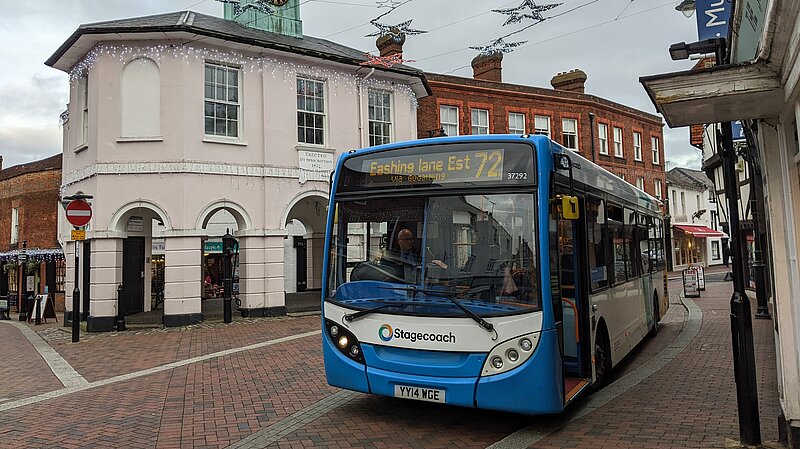 Bus 72 in Godalming High Street parked outside the Pepperpot