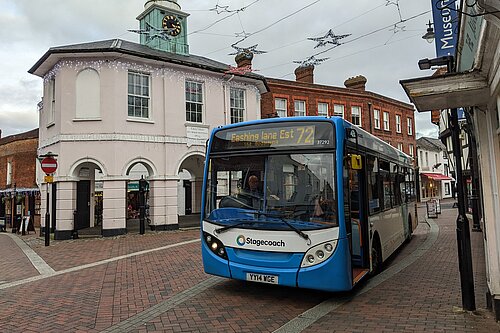 Bus 72 in Godalming High Street parked outside the Pepperpot